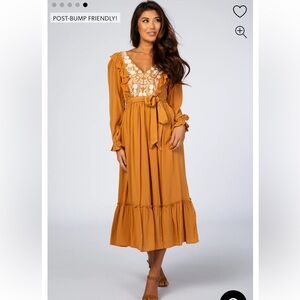 Pink Blush Gold Floral Embroidered Ruffled Midi Dress